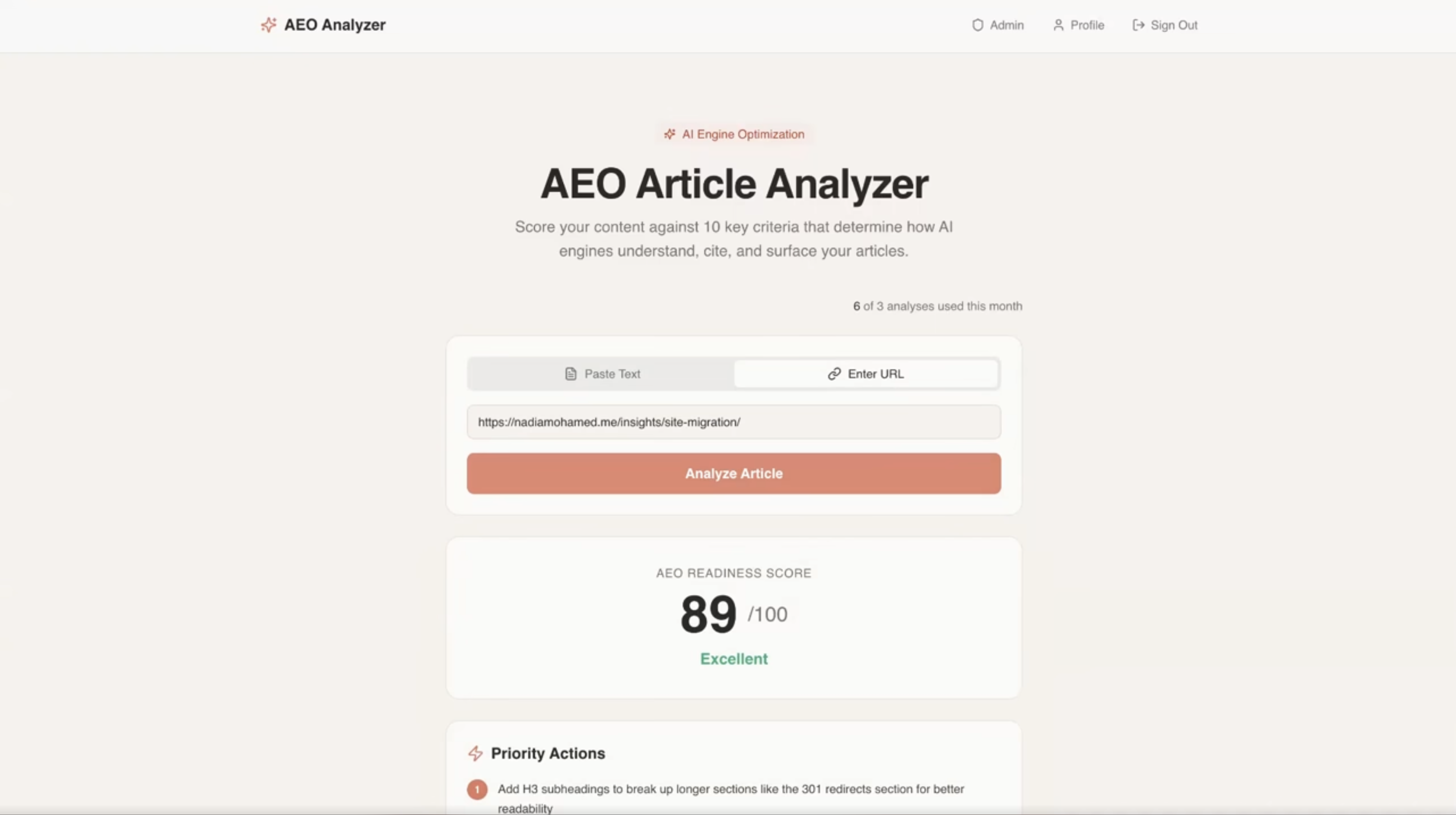 AEO Article Analyzer scoring a page against 10 AI-readiness signals with the results breakdown