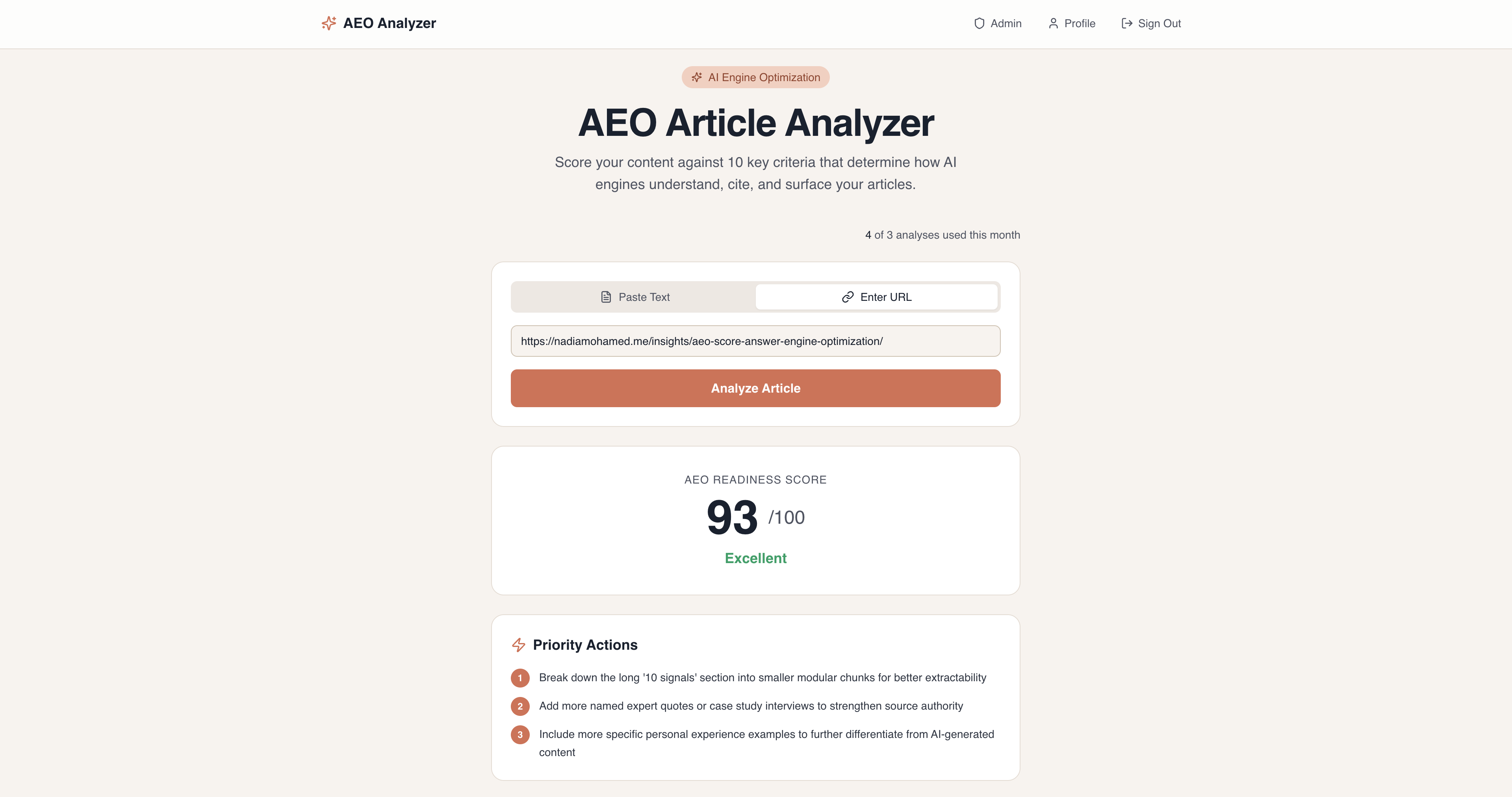 The AEO Article Analyzer interface — paste a URL to get a 10-signal AI-readiness score