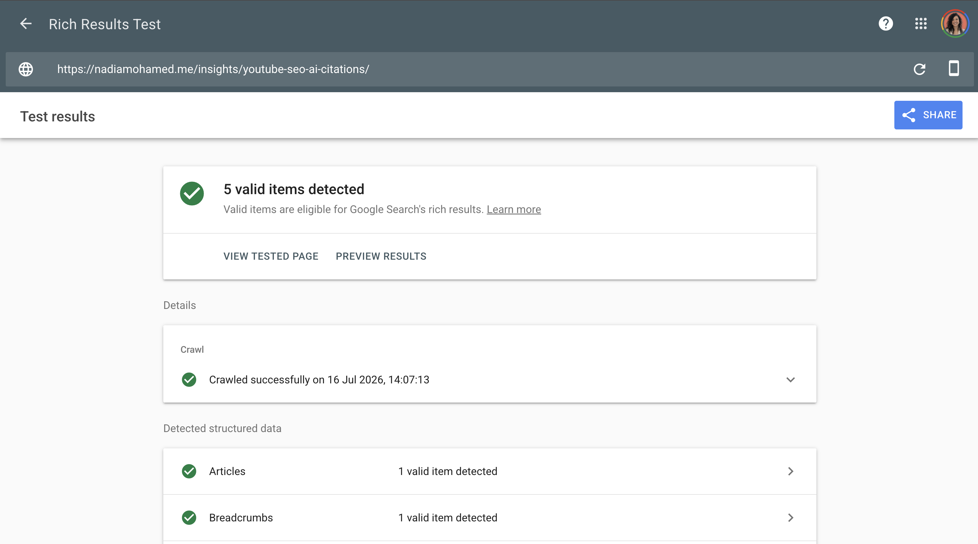 Google Rich Results Test on a nadiamohamed.me page showing 5 valid items detected, including Breadcrumbs with 1 valid item detected