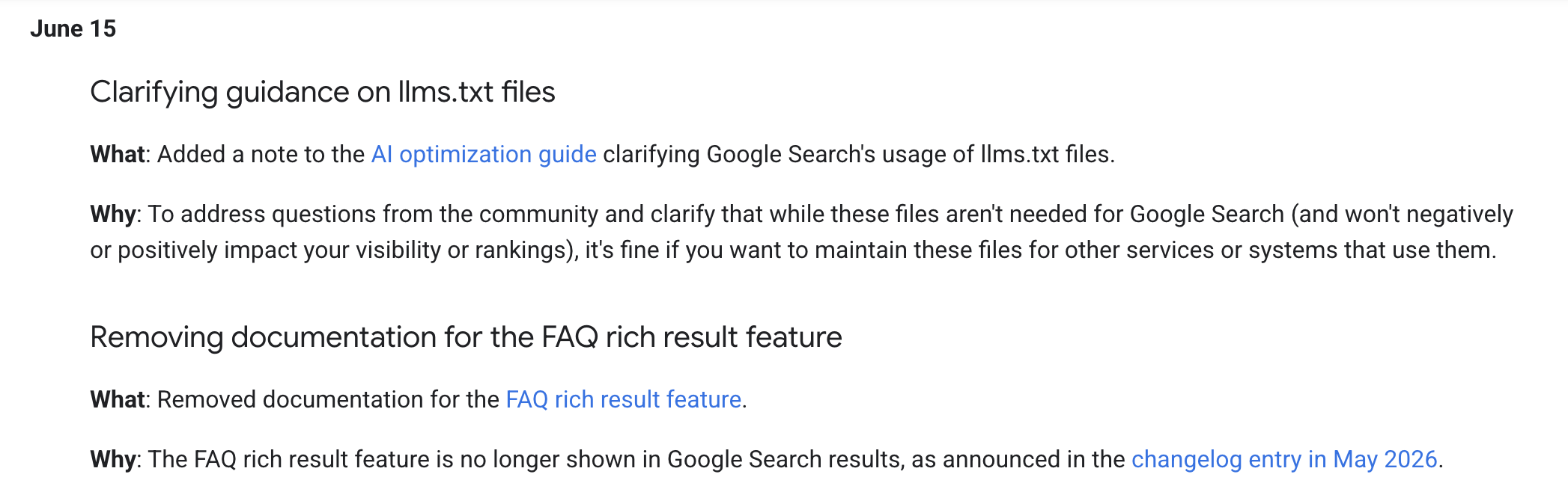 Google Search Central changelog entry titled 'Removing documentation for the FAQ rich result feature', noting it is no longer shown in Google Search results