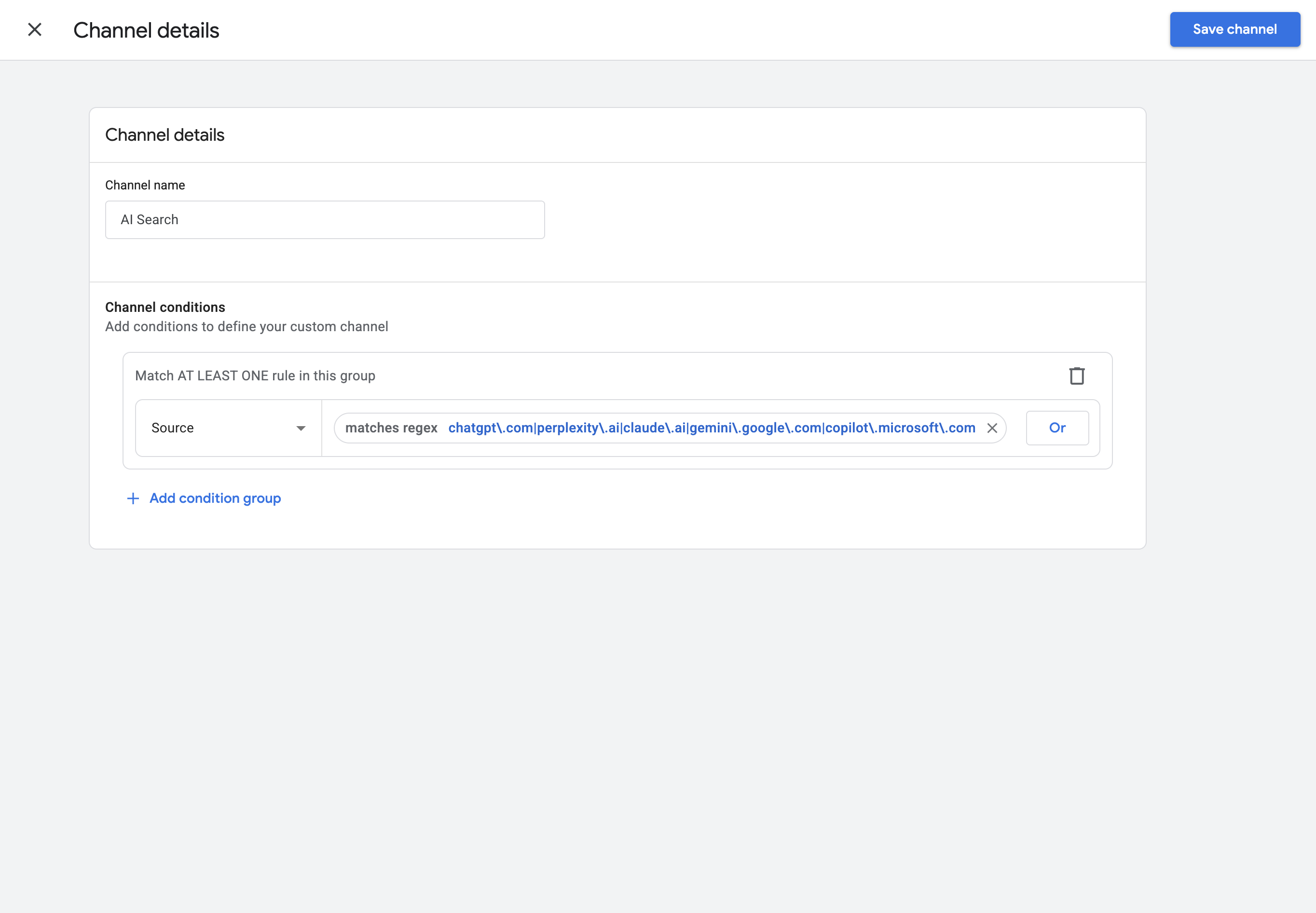 GA4 custom channel group with a regex condition on Source grouping ChatGPT, Perplexity, Claude and Gemini referrals into one AI Search channel