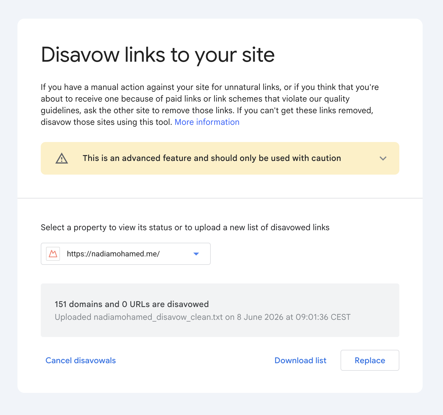 Google Search Console disavow-links tool with a disavow file being uploaded