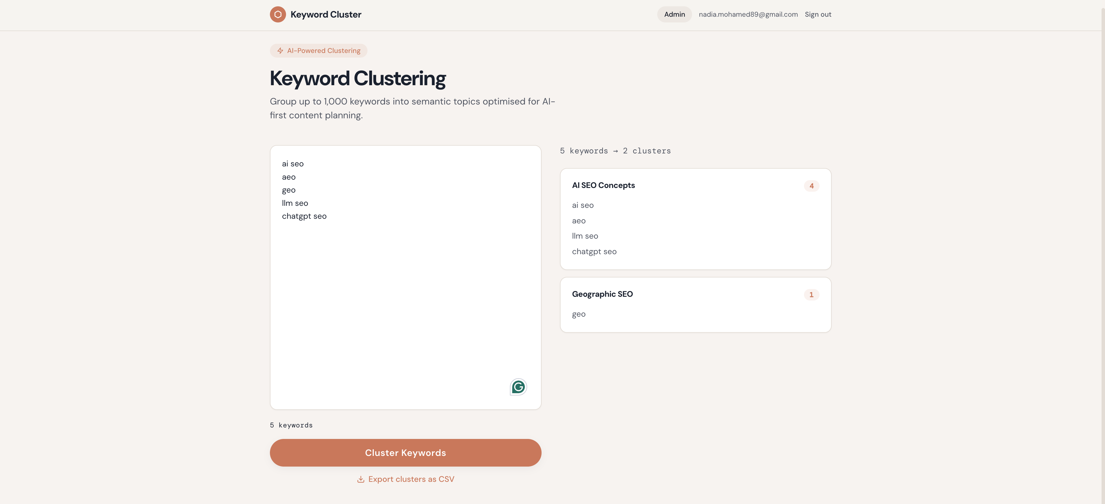 The Keyword Clustering tool interface grouping keywords into semantic clusters