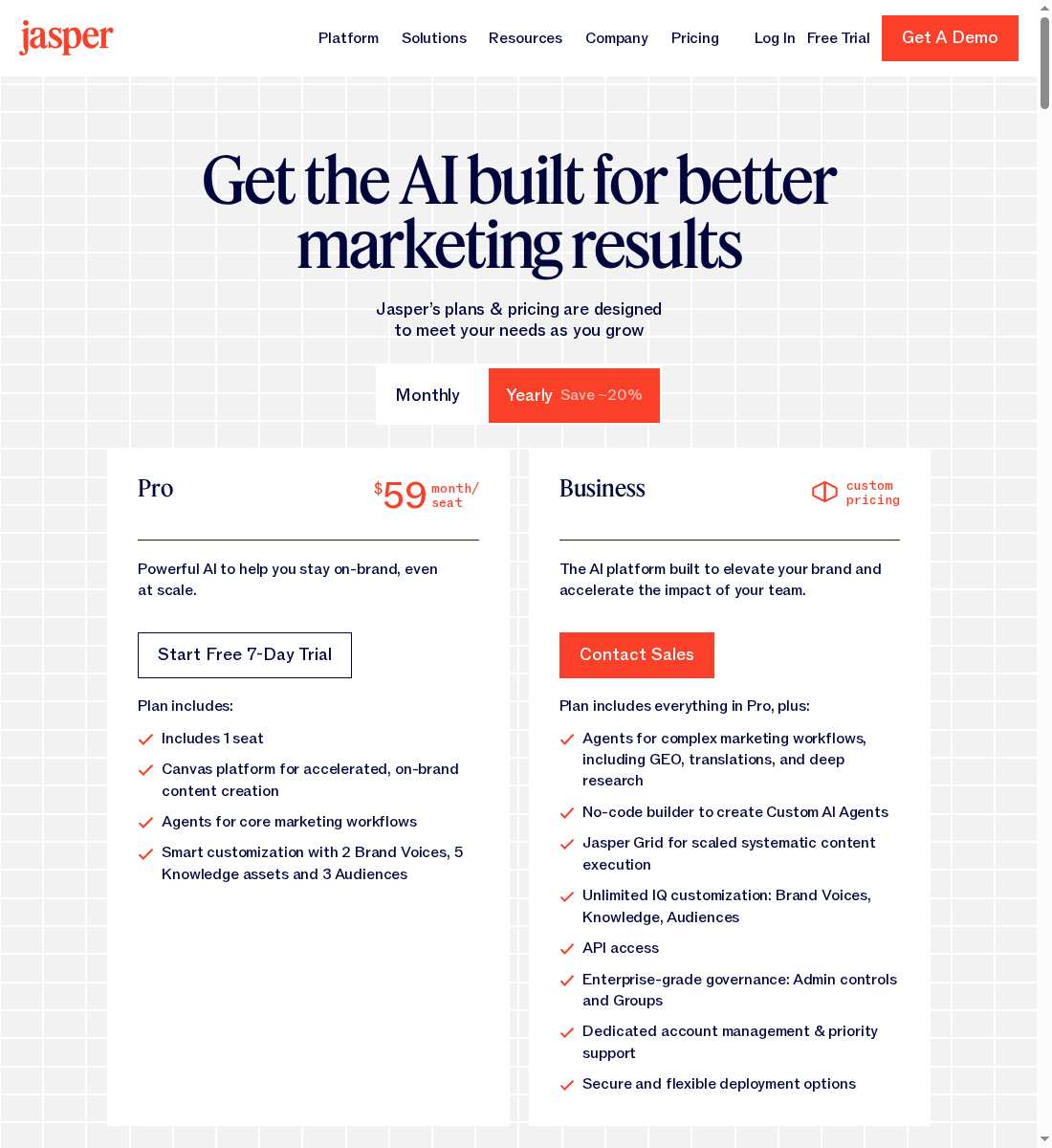 Jasper pricing page showing the Pro plan at $59 per seat per month and a custom-priced Business plan