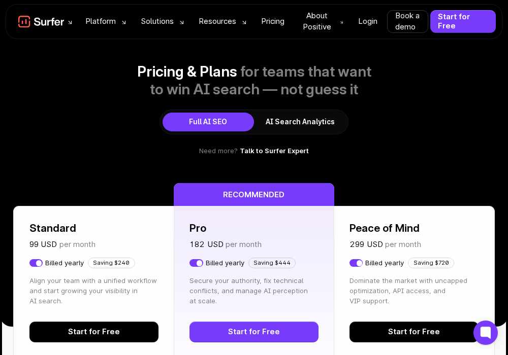 Surfer SEO pricing page showing the Standard ($99), Pro ($182) and Peace of Mind ($299) plans billed yearly