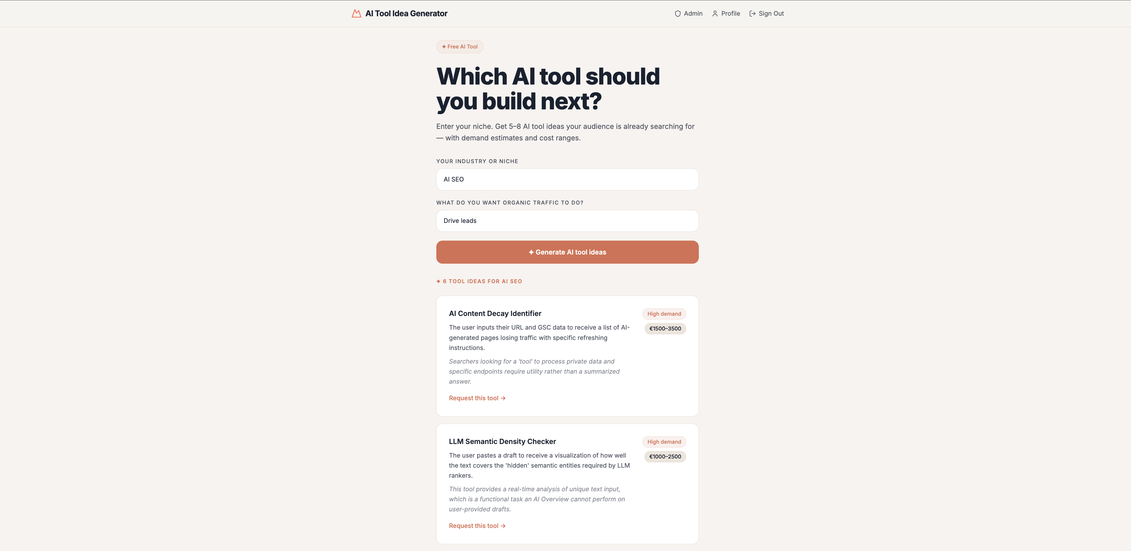 The AI Tool Ideas Generator interface returning tool ideas for a niche