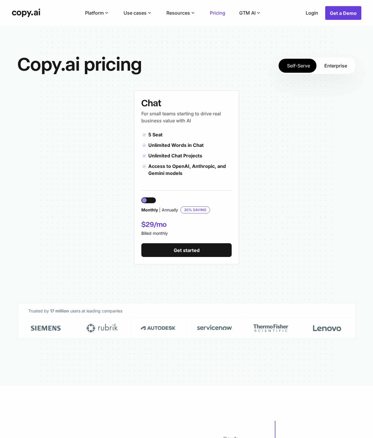 Copy.ai pricing page showing the Chat plan at $29/mo with 5 seats and unlimited chat words
