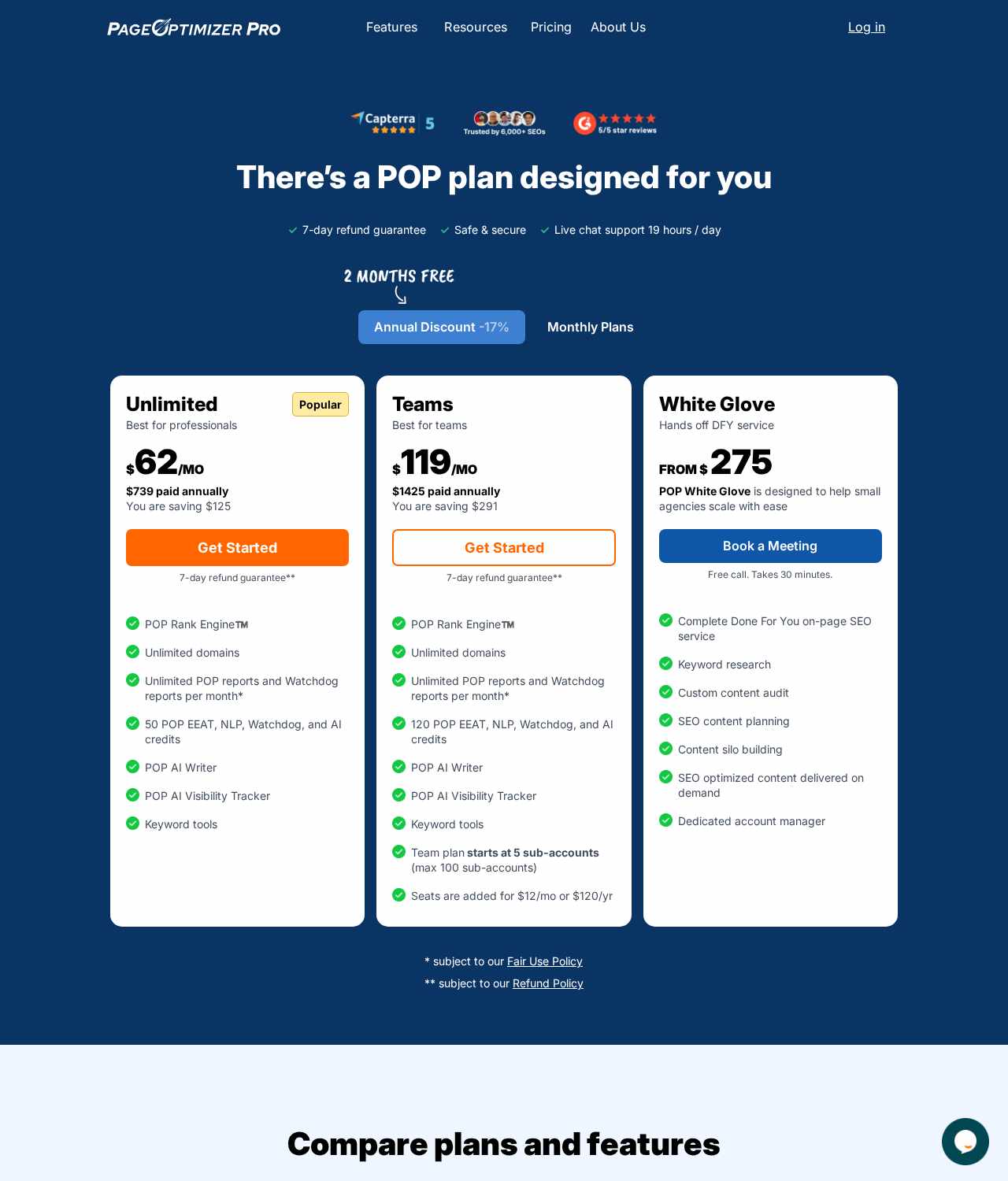 Page Optimizer Pro pricing page showing Unlimited $62/mo, Teams $119/mo and White Glove from $275