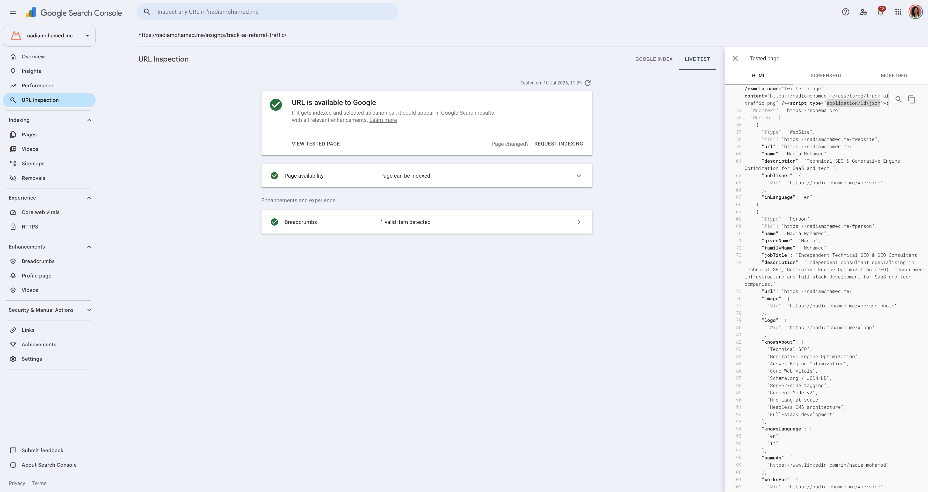 Google Search Console URL Inspection showing the rendered HTML for a page on nadiamohamed.me, with the JSON-LD structured-data graph present in the server response